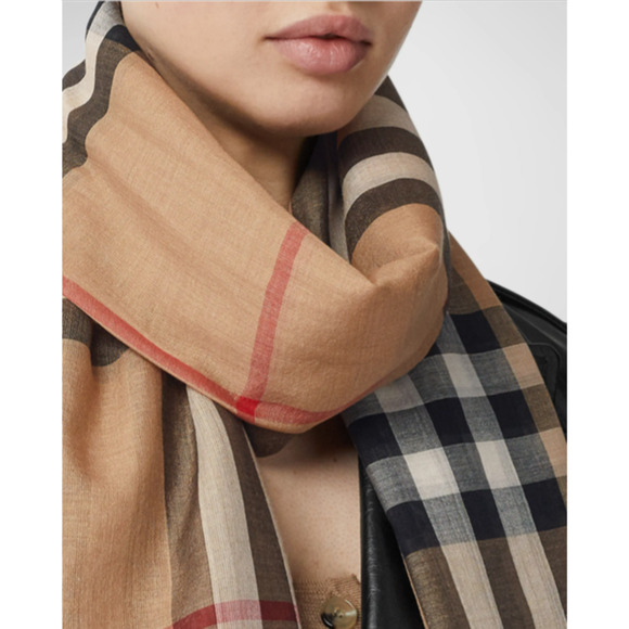 Burberry Women's Beige Check Gauze Wool Silk Wraparound Scarf Authentic MSRP$499 - Picture 2 of 7